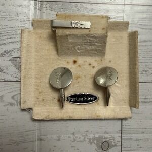 New Vintage Sterling Silver Cufflinks Tie Tack Set MCM 40s 50s Atomic Starburst